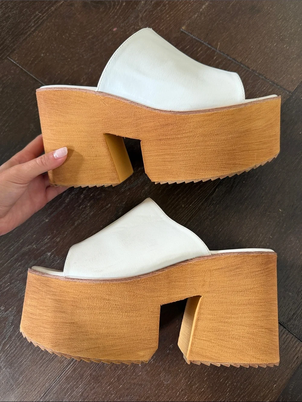 ACata White Platform Slide Sandals with Wood-Effect Wedge Size 7.5
